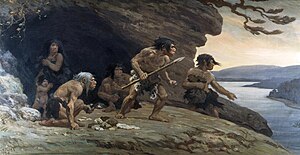 Le Moustier Neanderthals (Charles R. Knight, 1920) Neanderthal Flintworkers (Knight, 1920).jpg