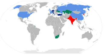 Map of nuclear-armed states of the world
NPT-designated nuclear weapon states (China, France, Russia, United Kingdom, United States)
Other states with nuclear weapons (India, North Korea, Pakistan)      Other states presumed to have nuclear weapons (Israel)
NATO member nuclear weapons sharing states (Belgium, Germany, Italy, the Netherlands, Turkey)
States formerly possessing nuclear weapons (Belarus, Kazakhstan, South Africa, Ukraine) Nuclear weapons states.svg