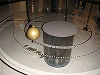 Foucault pendulum at the Musée des arts et métiers (Paris); pegs are placed around and are knocked down as the pendulum swing plane veers. This is the original bob from the 1851 Panthéon pendulum