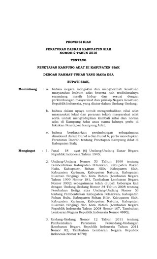 Peraturan Daerah Kabupaten Siak Nomor 02 Tahun 2015 tentang Penetapan Kampung Adat di Kabupaten Siak
