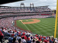 The Phillies take on the New York Mets at Citizens Bank Park on August 8. The Phillies won, 3-0. Philadelphia Phillies versus New York Mets at Citizens Bank Park 8-8-2021.jpeg