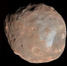 An image of Phobos taken by HiRISE on March 23, 2008 from a distance of around 6,800 kilometres (4,200 mi) Phobos by MRO.jpg