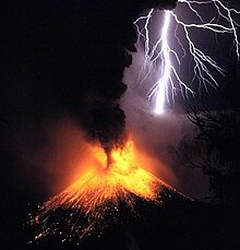 Volcanic material thrust high into the atmosphere can trigger lightning. Rinjani 1994 cropped.jpg