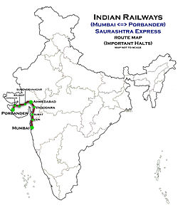 Saurashtraj Expres (Porbander - Mumbajo) Sendas map.jpg