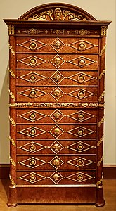 Neoclassical secretary decorated with many mascarons, c.1804-1809, amboyna wood veneered on pine; gilt-bronze mounts, Metropolitan Museum of Art