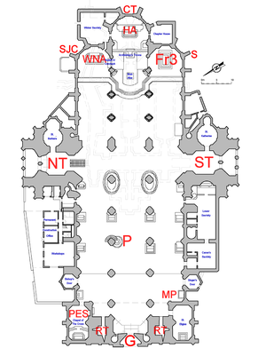 Plan of St. Stephen's Cathedral, with features mentioned in this article marked with red letters. CT "Christ with a Toothache" sculpture; Fr3 Tomb of Emperor Frederick III; G Giant's Door HA High Altar; MP Maria Pötsch icon; NT North Tower; P Pulpit; PES Prince Eugene of Savoy burial chapel; RT Roman Towers; S Sundial; SJC Saint John of Capistrano pulpit; ST South Tower; WNA Wiener Neustädter Altar;