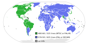 SDTV resolution by nation; countries using 480i are in green. TV-line-count-world.svg