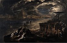 The Fall of Babylon, an 1831 portrait by John Martin, depicts chaos with the Persian army occupying Babylon, symbolizing the ruin of a decadent civilization. The lightning striking the Babylonian ziggurat represents the Tower of Babel and God's judgment against Babylon. The fall of Babylon; Cyrus the Great defeating the Chaldean Wellcome V0034440.jpg