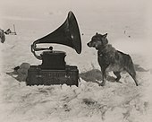 Грамофон со лого на експедицијата и куче со санки Крис