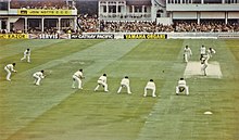 Terry Alderman bowling to David Gower during the 1981 Ashes test at Trent Bridge Trent Bridge Test Match, 1981- Alderman to Gower (geograph 2489133).jpg