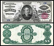 Obverse and reverse of an 1891 twenty-dollar silver certificate depicting Daniel Manning