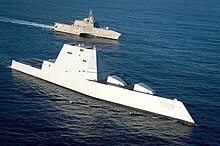 The destroyers of the US Navy's Zumwalt-class, pictured here sailing with a Littoral combat ship (LCS) are the longest and heaviest destroyers currently in service. USS Zumwalt is on the final leg of its three-month journey to its new homeport in San Diego. (31620613005).jpg