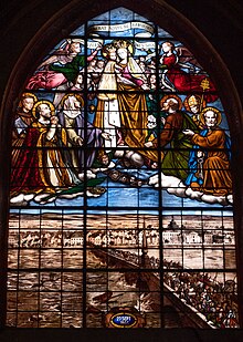 Stained glass window of the invocation made to Notre-Dame-des-Aydes to save the suburb of Vienne from floods in 1866
