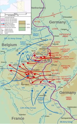 Map showing the progress of the German offensive during December 16-25, 1944.
.mw-parser-output .legend{page-break-inside:avoid;break-inside:avoid-column}.mw-parser-output .legend-color{display:inline-block;min-width:1.25em;height:1.25em;line-height:1.25;margin:1px 0;text-align:center;border:1px solid black;background-color:transparent;color:black}.mw-parser-output .legend-text{}
Front line, December 16
Front line, December 20
Front line, December 25
Allied movements
German movements Wacht am Rhein map (Opaque).svg