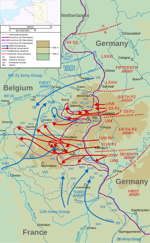 Map showing the swelling of "the Bulge" as the German offensive progressed creating the nose-like salient during 16-25 December 1944.
.mw-parser-output .legend{page-break-inside:avoid;break-inside:avoid-column}.mw-parser-output .legend-color{display:inline-block;min-width:1.25em;height:1.25em;line-height:1.25;margin:1px 0;text-align:center;border:1px solid black;background-color:transparent;color:black}.mw-parser-output .legend-text{}
Front line, 16 December
Front line, 20 December
Front line, 25 December
Allied movements
German movements Wacht am Rhein map (Opaque).svg