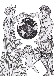 The divine couple in Wicca, with the Lady as Hecate, the witchcraft goddess, and the Lord as Pan, the horned god of the wild Earth. The lower figure is Mercury or Hermes, the god or divine force of magic - as shown by his wings and caduceus. Wiccan Syzygy.png