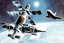 Early artist's concept of a Soviet space shuttle approaching a manned space complex. "Buran" approaching a manned space complex.JPEG