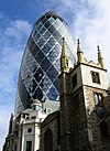 St Andrew Undershaft Church, shadowed by the "The Gherkin"