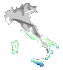 Map of the average annual sunshine duration in Italy (in hours) .mw-parser-output .legend{page-break-inside:avoid;break-inside:avoid-column}.mw-parser-output .legend-color{display:inline-block;min-width:1.25em;height:1.25em;line-height:1.25;margin:1px 0;text-align:center;border:1px solid black;background-color:transparent;color:black}.mw-parser-output .legend-text{}  < 1,799 h   1,800-1,999 h   2,000-2,199 h   2,200-2,399 h   2,400-2,599 h   > 2,600 h