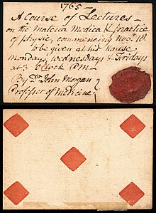 A 1765 admission ticket to "A Course of Lectures" given by Dr. John Morgan, the founder and first professor of medicine at Penn's Medical School Admission ticket to John Morgan lecture 1765.jpg