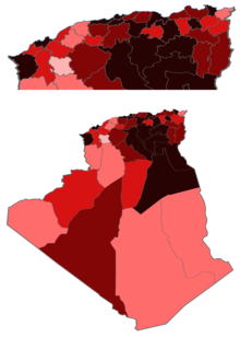 Alžírsko Koronavirové případy podle provincie.png