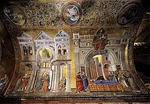 Image d'une mosaïque sur une voûte en berceau représentant la Visitation et la Dormition de la Vierge.