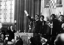 Ante Pavelic greeting the Croatian parliament in February 1943 Ante Pavelic Parlament.jpg