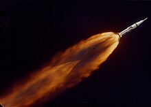 Apollo 7 heads into orbit with its crew of three, 1968 Apollo 7 photographed in flight by ALOTS (68-HC-641).jpg