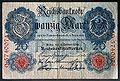 A Reichsbank 1914-es kiadású 20 márkás bankjegye, a típust 1906 és 1914 között nyomtatták. Mérete: 136 x 90 mm.