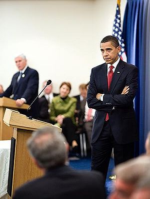 On Capitol Hill, President Barack Obama listen...