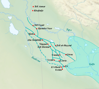 Location of the main sites in southern Mesopotamia in the Uruk and Jamdet Nasr periods. Basse Mesopotamie Uruk.png