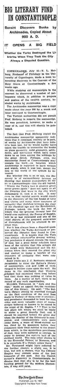 Discovery reported in the New York Times on July 16, 1907 Big Literary Find.pdf