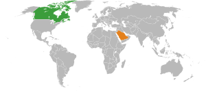 Mapa indicando localização do Canadá e da Arábia Saudita.