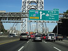 Typical heavy Manhattan-bound traffic on the upper deck of the George Washington Bridge Crossing the Hudson River on the George Washington Bridge from Fort Lee, New Jersey to Manhattan, New York (7237796950).jpg