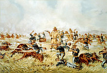 An 1899 chromolithograph from the Werner Company of Akron, Ohio titled Custer Massacre at Big Horn, Montana - June 25, 1876. Custer Massacre At Big Horn, Montana June 25 1876.jpg