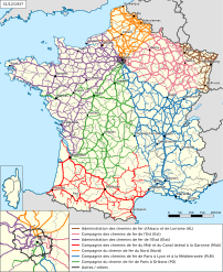 Carte des réseaux des compagnies de chemin de fer françaises à la veille de la création de la SNCF. (image vectorielle)