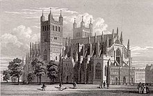 The cathedral in 1830 Exeter Cathedral NW view W Deeble after R Browne 1830.jpg