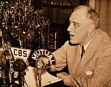 President Franklin D. Roosevelt brought unemployment down from over 20% to under 2%, with the New Deal's investment in jobs during the Great Depression. FDR Fireside Chat December 24, 1943.jpg