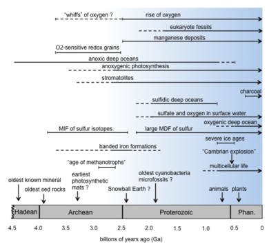 The geologic timescale overlain with major geobiologic events and occurrences. The oxygenation of the atmosphere is shown in blue starting 2.4 Ga, although the exact dating of the Great Oxygenation Event is debated. Geobiology timeline with rise of O2.png