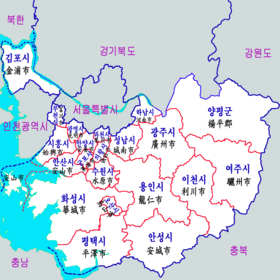 京畿道が南北に分割された場合、設置される京畿北道と京畿南道の地図