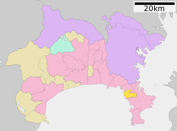 Hayamas läge i Kanagawa prefektur Städer:      Signifikanta städer      Övriga städer Landskommuner:      Köpingar      Byar