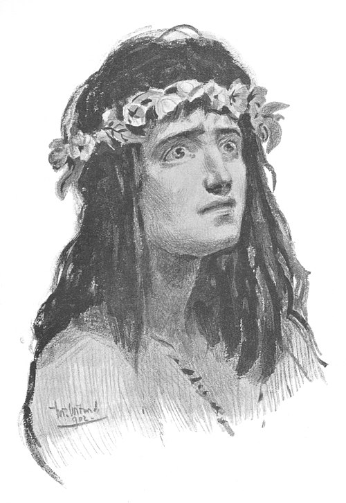 Ilustracja — portret Mowgliego. Ma włosy do ramion i wieniec z kwiatów na głowie.