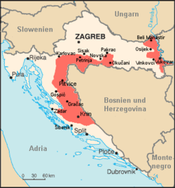 地圖中紅色地區是塞爾維亞克拉伊納共和國政權實際控制區域