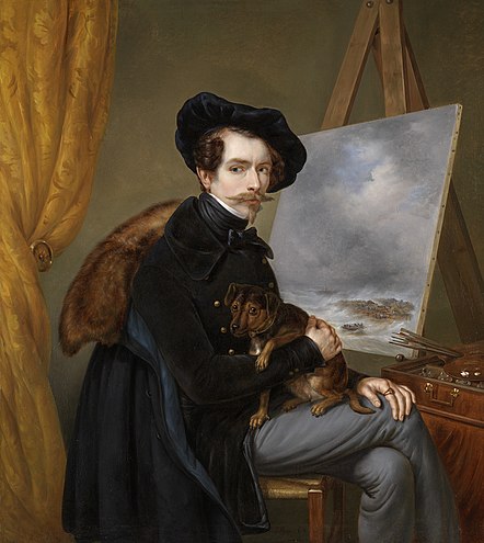 Dutch seascape painter Louis Meijer's self-portrait. Actually it was painted by the painter's dog, who sits on his lap.