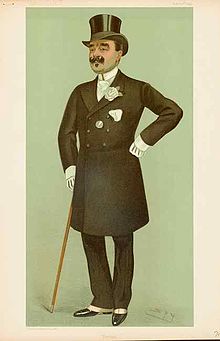 Old color drawing of a proud gentleman with top hat, walking stick, white gloves, spats, a boutonniere, a white pocket handkerchief and a shiny medal in a frock coat.
