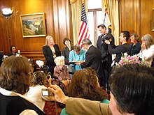 The first same-sex wedding in San Francisco, California, with legal recognition by the state, with Mayor Gavin Newsom officiating (16 June 2008) Lyonandmartinwedding1.JPG