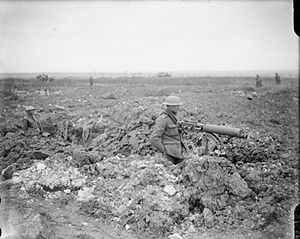 A British machine gun post in a captured trenc...