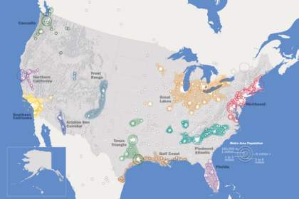 Regional Plan Association map of the United States showing the 11 U.S. megaregions MapofEmergingUSMegaregions.png