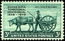 Minnesota Territory Centennial stamp, issued in 1949 in recognition of Minnesota's unique Metis oxcart traders. Minnesota Territory 3c green 1949 issue.JPG