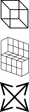 Examples of visually ambiguous patterns. From top to bottom: Necker cube, Schroeder stairs and a figure that can be interpreted as black or white arrows. Optical Illustion-Ambiguous Patterns.svg